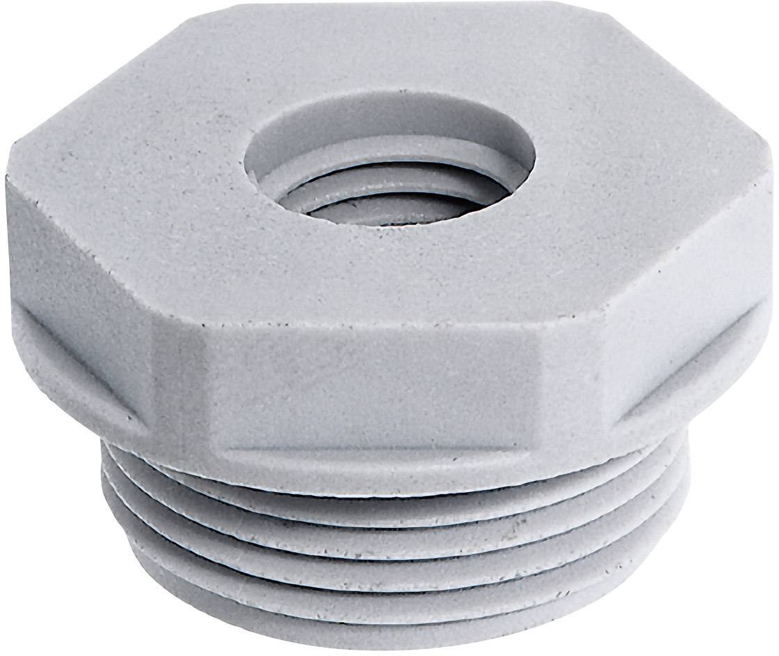Bouchon en plastique gris de forme hexagonale avec un filetage à l'extrémité inférieure.