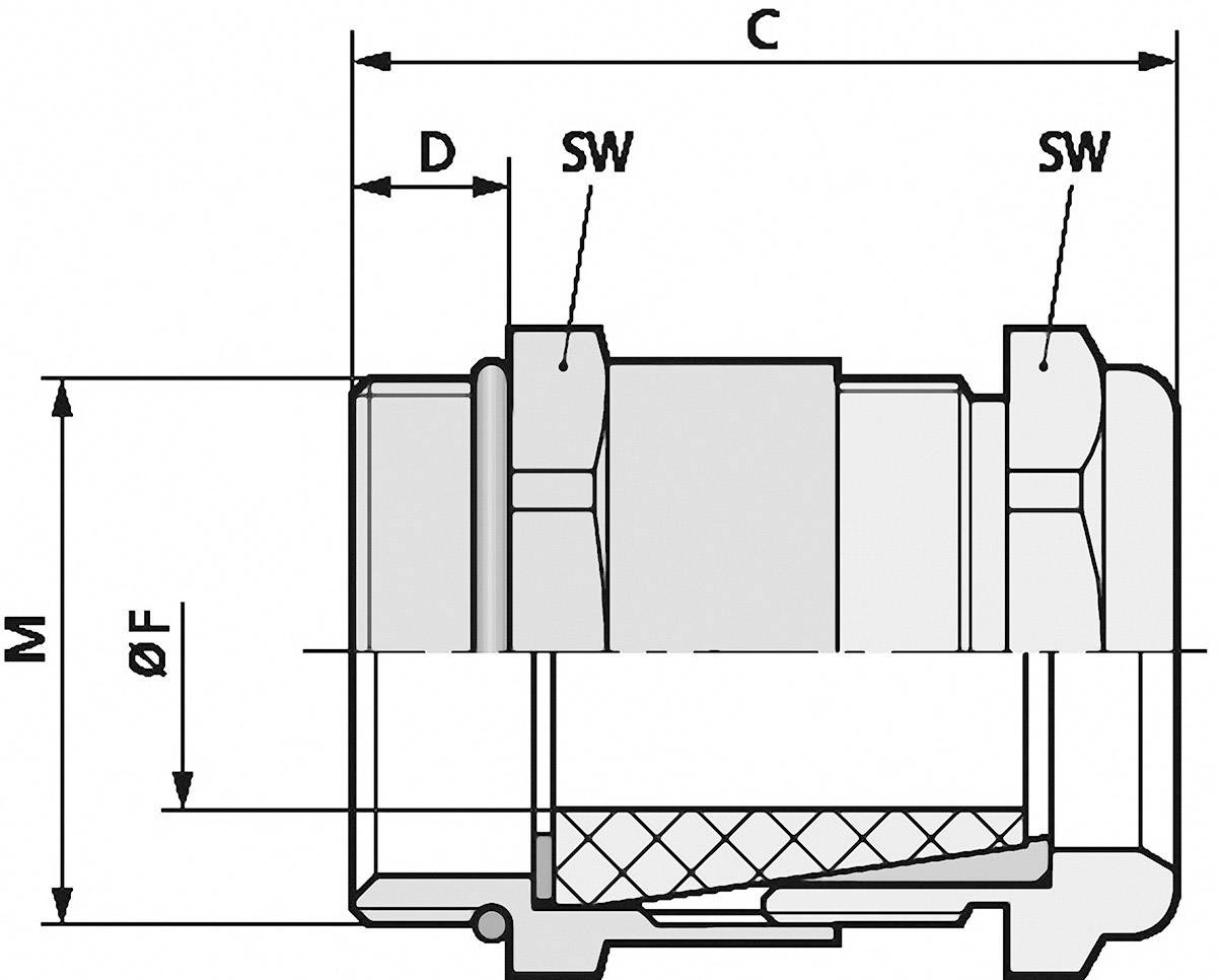 Dessin technique d'un raccord de tuyauterie avec dimensions : longueur totale C, diamètre D, largeurs de clé de serrage SW, hauteur totale M, diamètre F.
