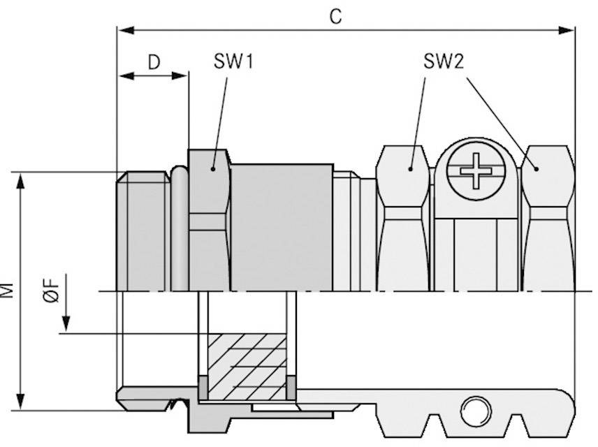 Dessin technique d'un élément de fixation avec annotations des dimensions C, D, M et ØF. Il présente les détails des filetages et de la tête de vis.