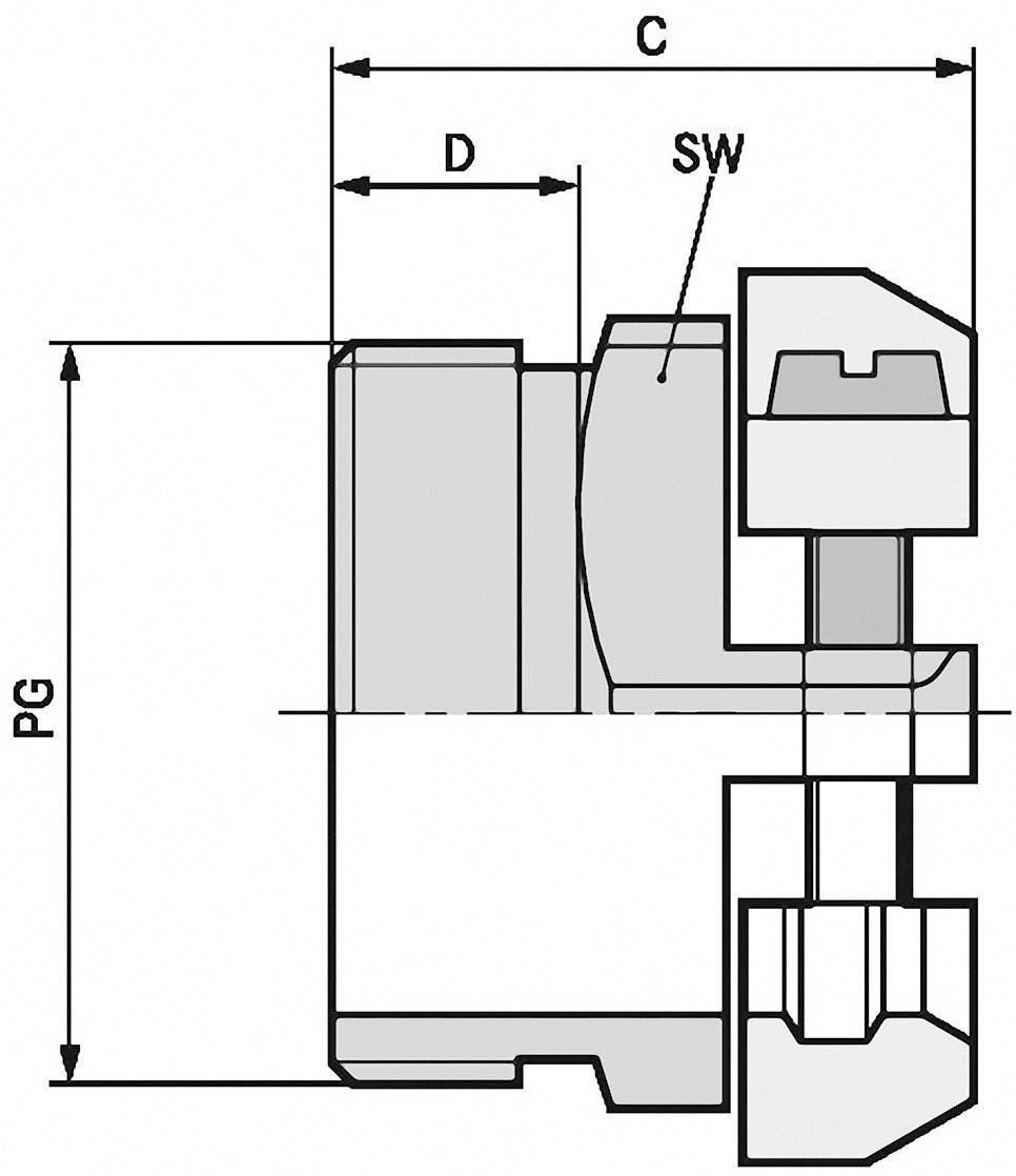 Dessin technique d'une pièce mécanique avec des marquages pour les dimensions 'D', 'C' et 'SW', ainsi que la hauteur totale 'PG'.