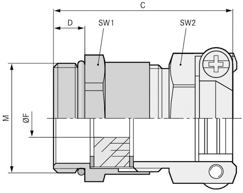 Dessin technique d'un composant, montrant les dimensions C, D, M et ØF ainsi que les emplacements SW1 et SW2 pour le montage.