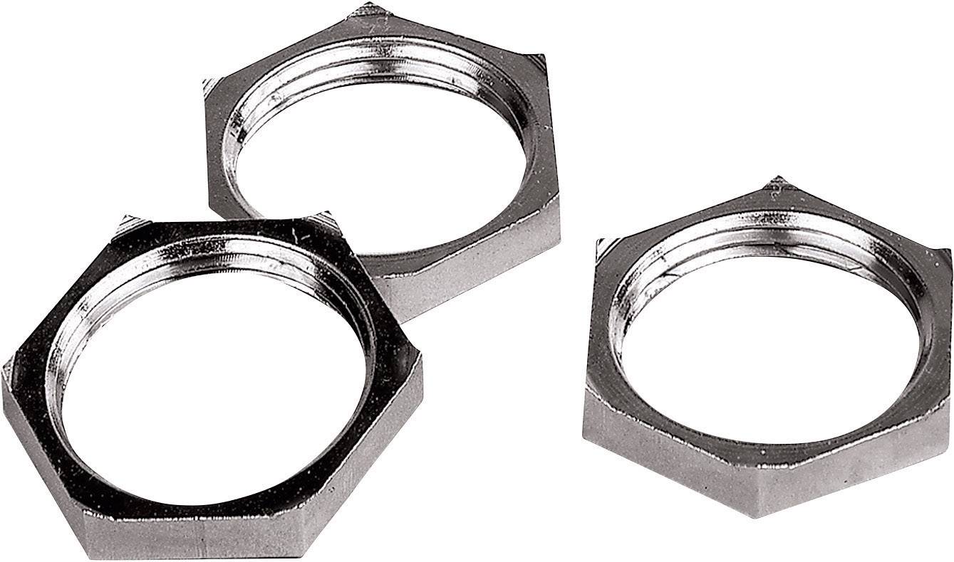 Trois écrous hexagonaux en métal en gros plan sur un fond clair.