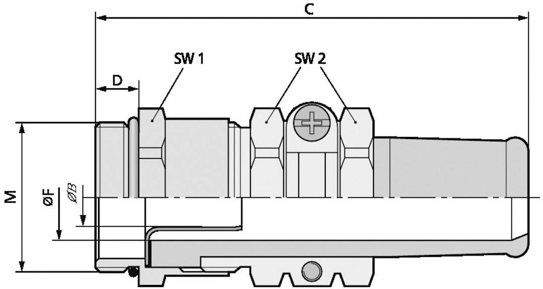 Dessin technique d'un raccord de tuyauterie avec indications des dimensions et des clés de serrage SW1 et SW2. Dimensions principales : C, M, ØF.
