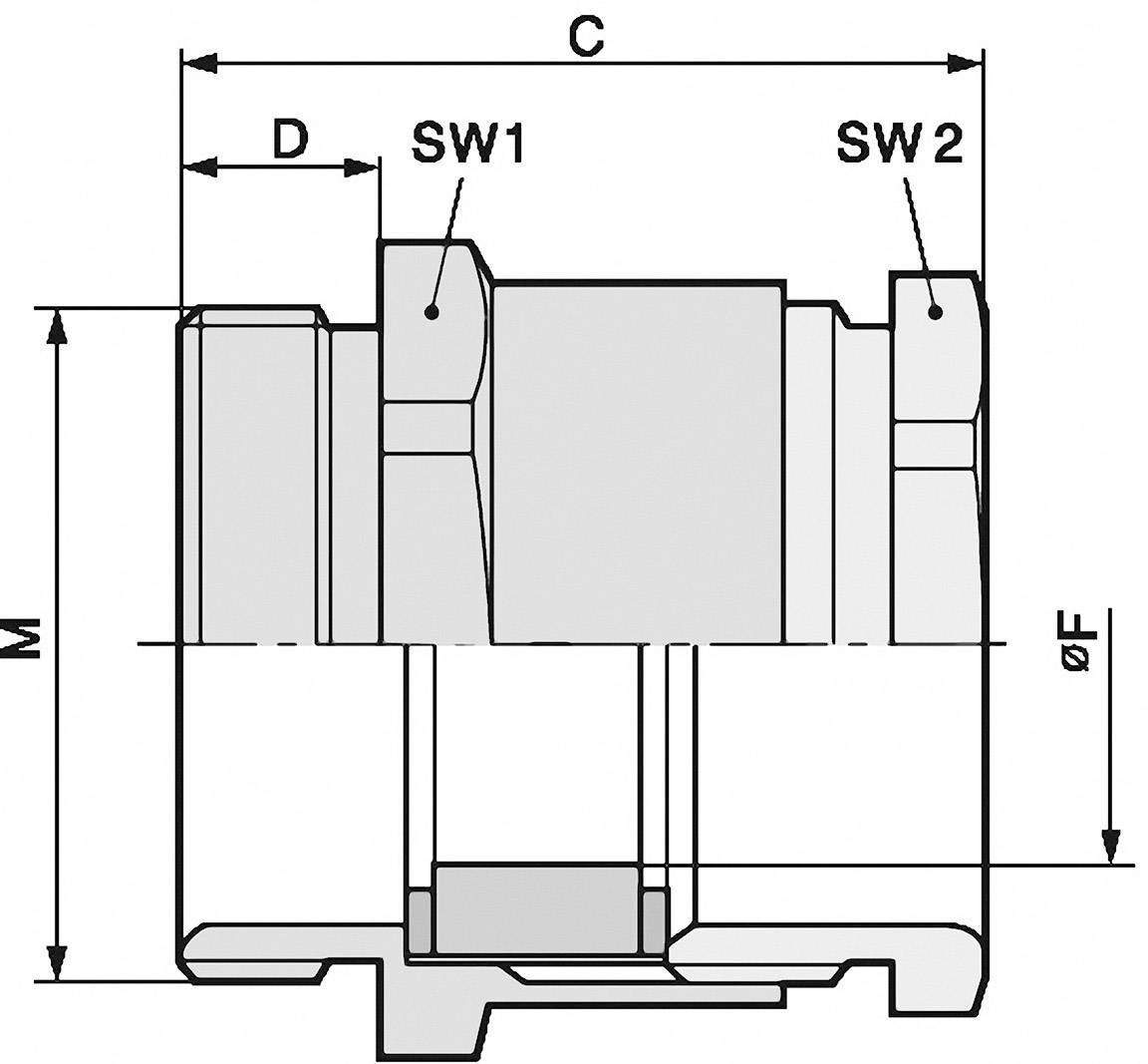 Dessin technique d'un raccord hydraulique. Les marquages sur l'illustration indiquent les dimensions 'D', 'C', 'M', 'ØF', 'SW1', 'SW2'.
