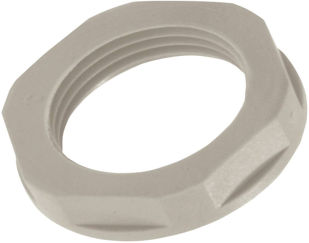 Un anneau-mère hexagonal en plastique gris, fileté intérieurement, destiné à la fixation d'éléments de raccordement.