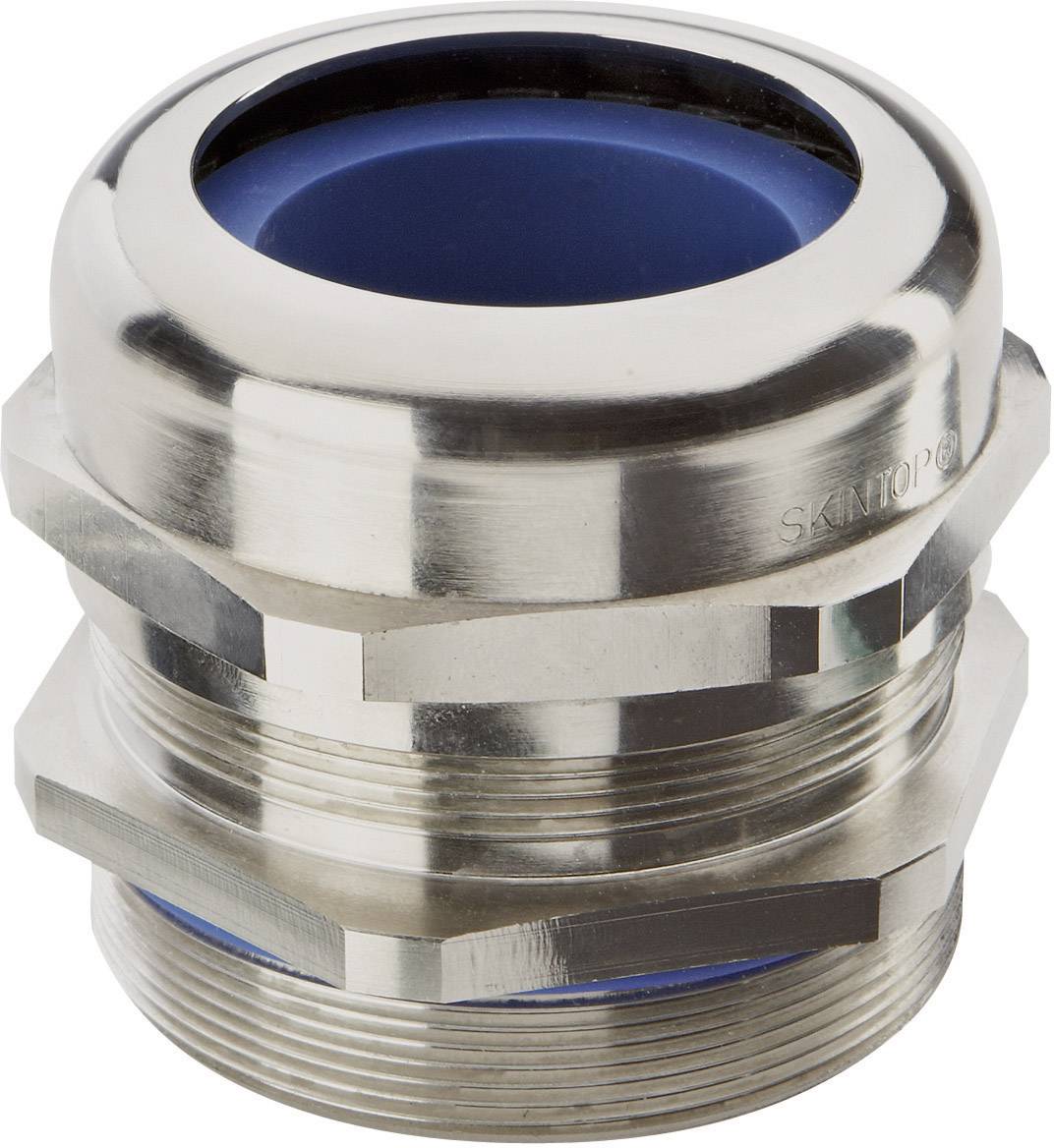 Presse-étoupe métallique en acier inoxydable avec joint d'étanchéité intérieur bleu, adapté pour le raccordement sécurisé des câbles électriques.