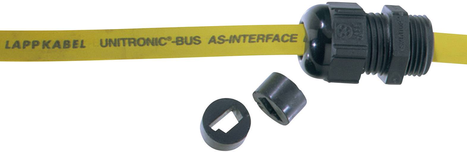 Un câble jaune portant l'inscription 'LAPP KABEL UNITRONIC-BUS AS-INTERFACE', connecté à un système de raccordement de câbles noir.