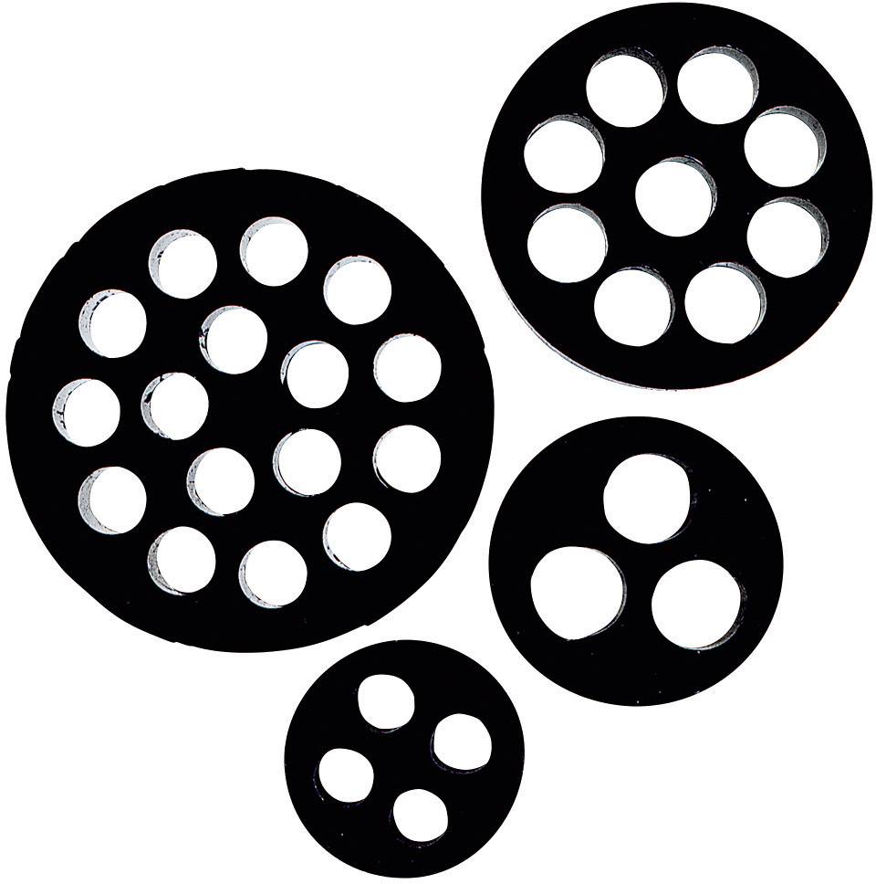 Quatre disques noirs percés de trous selon différents motifs et tailles, pouvant faire partie d'un système mécanique ou décoratif.