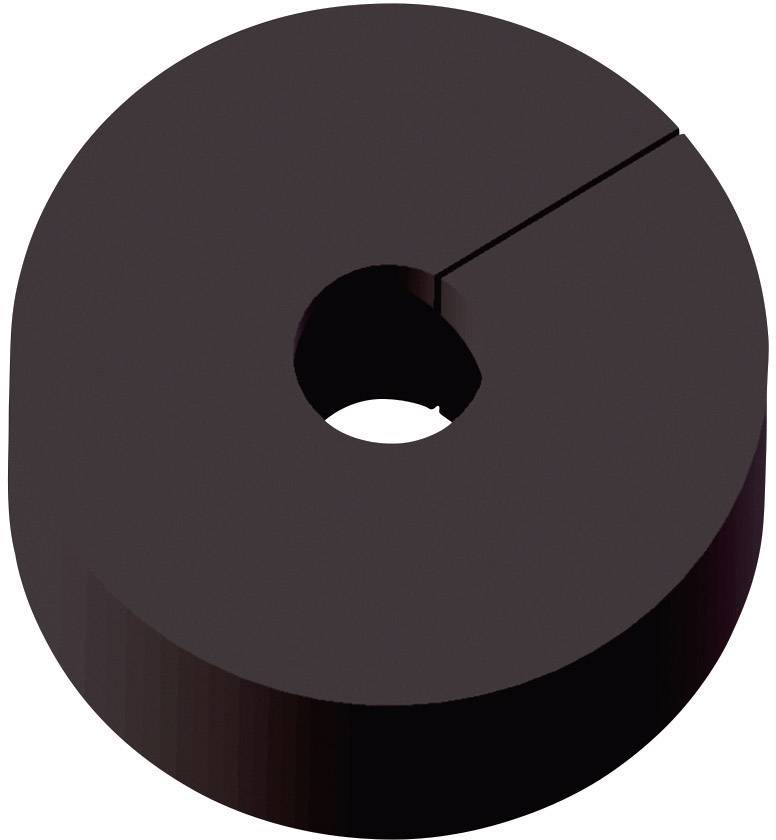 Noyau ferrite brun foncé de forme annulaire avec une petite fente sur un côté. Utilisé dans des applications électroniques.
