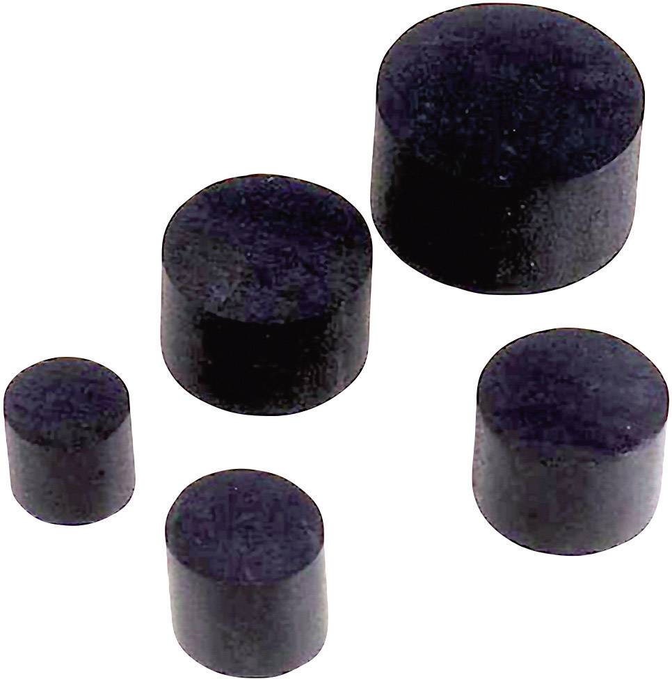 Cinq objets cylindriques noirs de différentes tailles, disposés côte à côte sur un fond blanc.