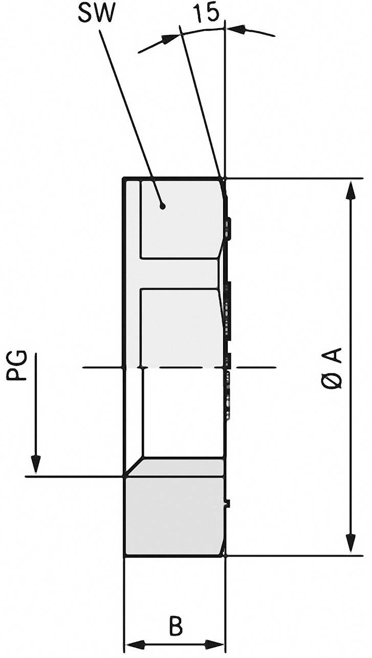 Dessin technique d'une pièce mécanique avec dimensions marquées : Rayon extérieur (ØA), Largeur (B), Hauteur de filetage (PG), Largeur de clé (SW).
