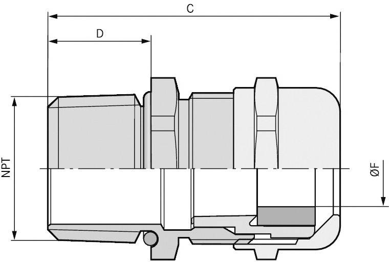 Dessin technique d'un connecteur de tuyau avec dimensions marquées C, D et diamètre ØF. Adapté à l'installation dans des systèmes de tuyauterie.