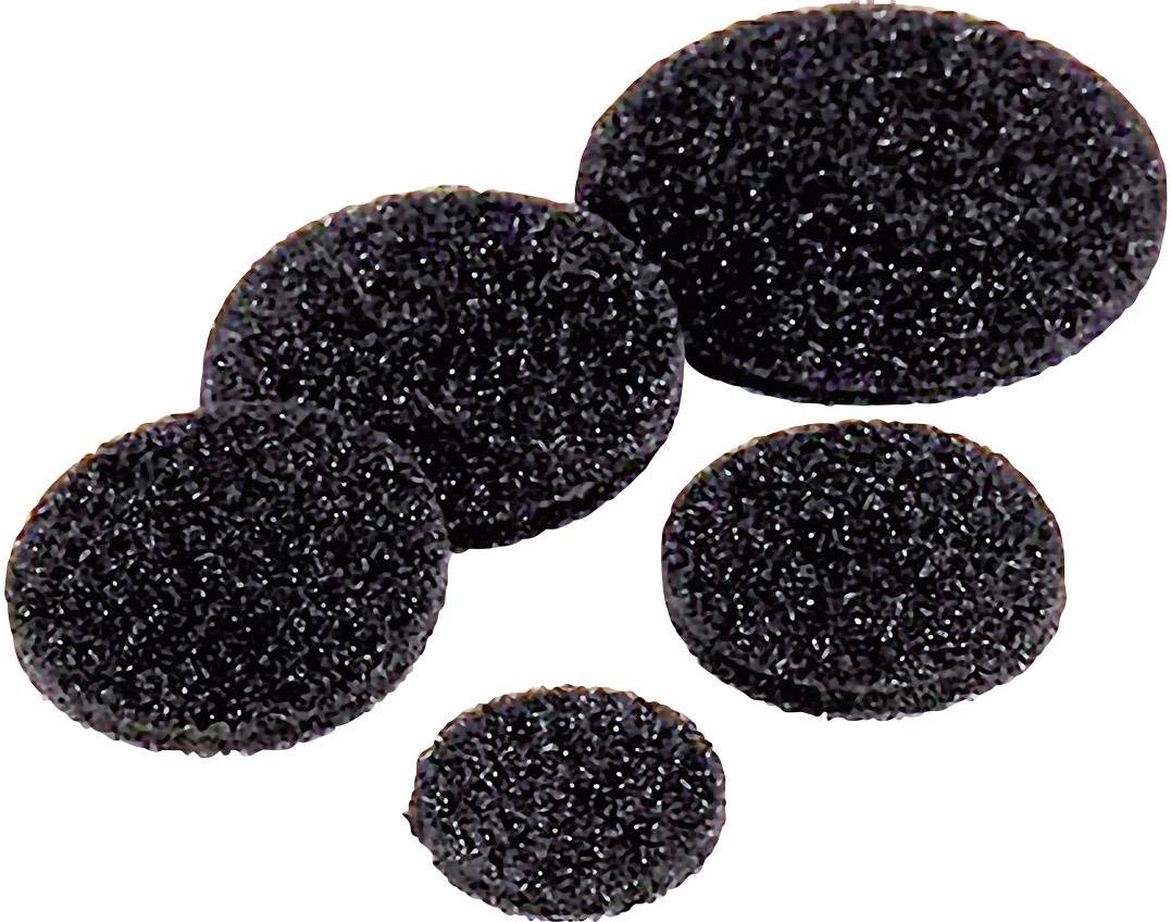 Cinq coussinets en mousse noirs et ronds de différentes tailles sur un fond blanc.