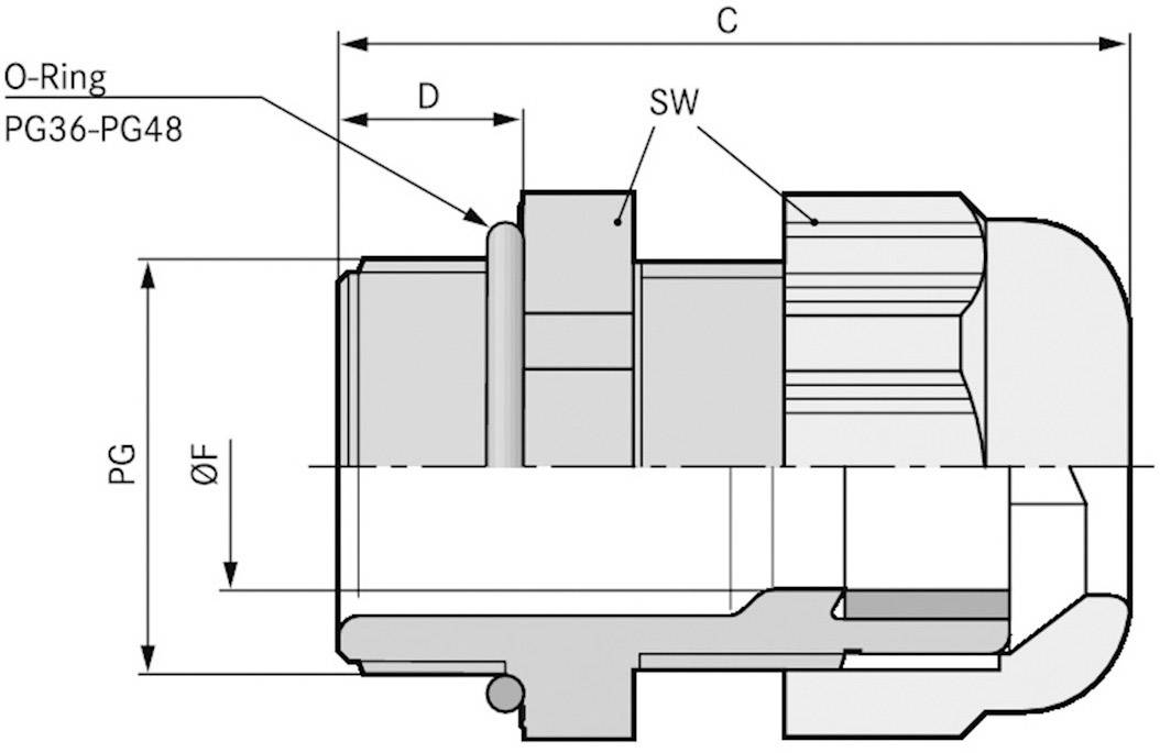Dessin technique d'un raccord à vis avec dimensions : montre différents diamètres, longueur et position du joint torique.