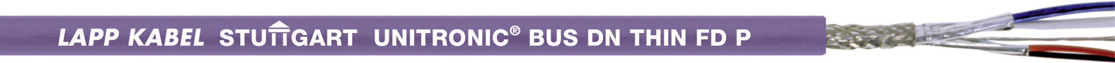 Étiquette lilas avec l'inscription 'LAPP KABEL STUTTGART UNITRONIC BUS DM THIN FD P'. Câble avec fils dénudés à côté.