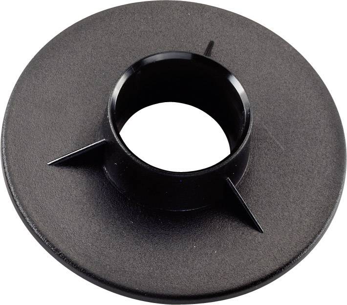 Pièce ronde en plastique noir avec un trou central et deux saillies latérales.