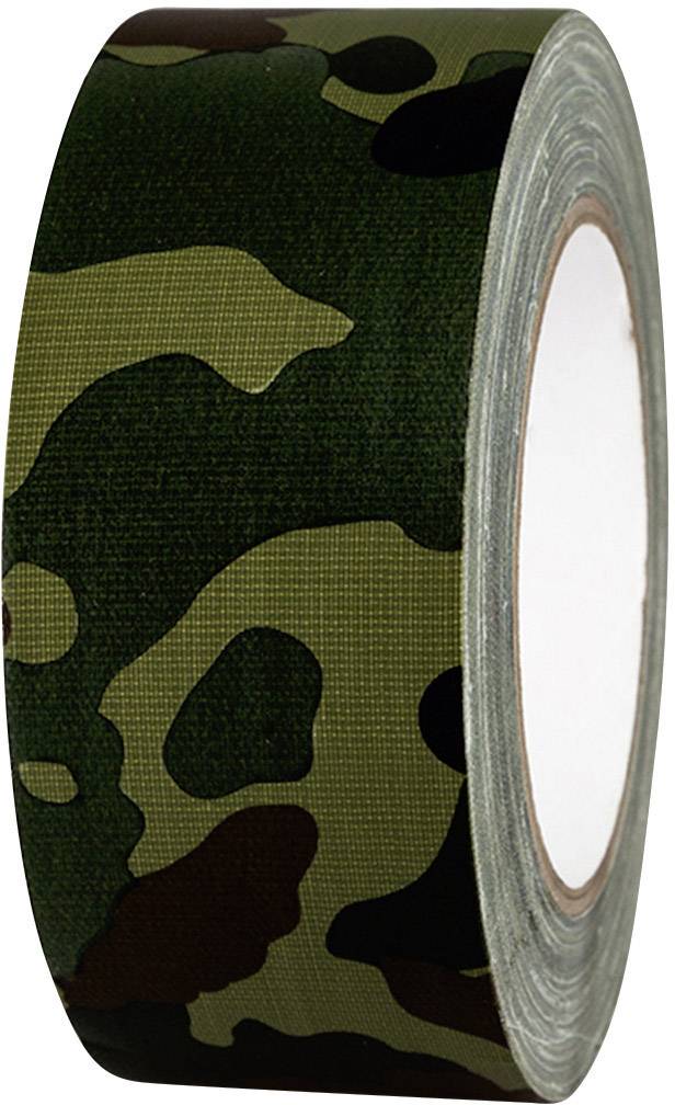 Un rouleau de ruban adhésif avec motif de camouflage, adapté à une utilisation en extérieur pour fixer discrètement des objets.