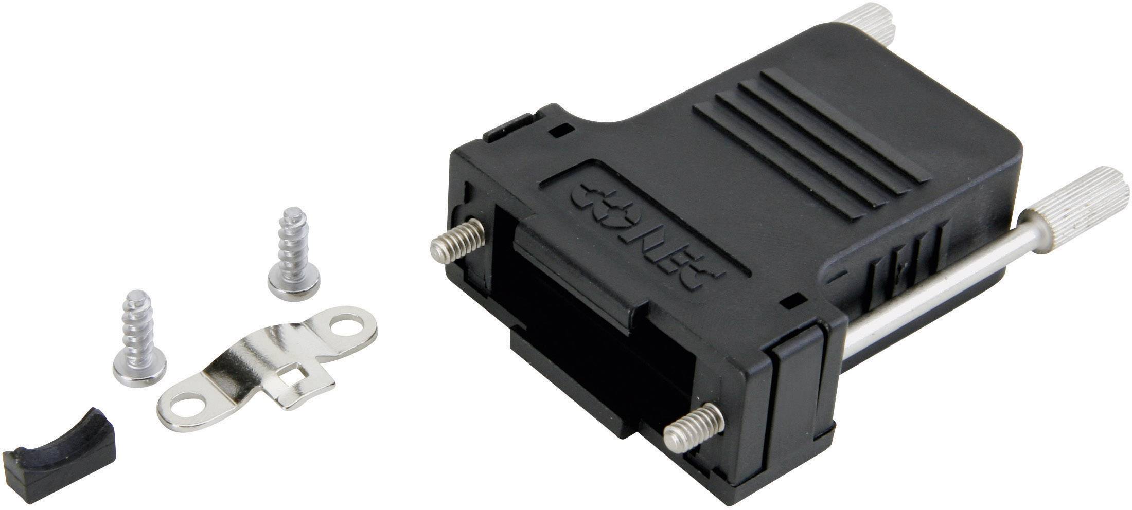 Ensemble de boîtier de connecteur D-Sub noir avec vis et support métallique. Pour le montage et la protection des connexions électriques.