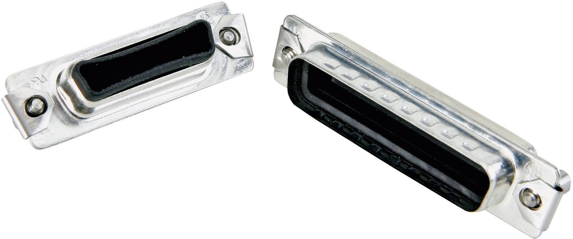 Deux fiches SCSI parallèles situées dans un boîtier argenté avec des points de connexion noirs, orientées dos à dos.