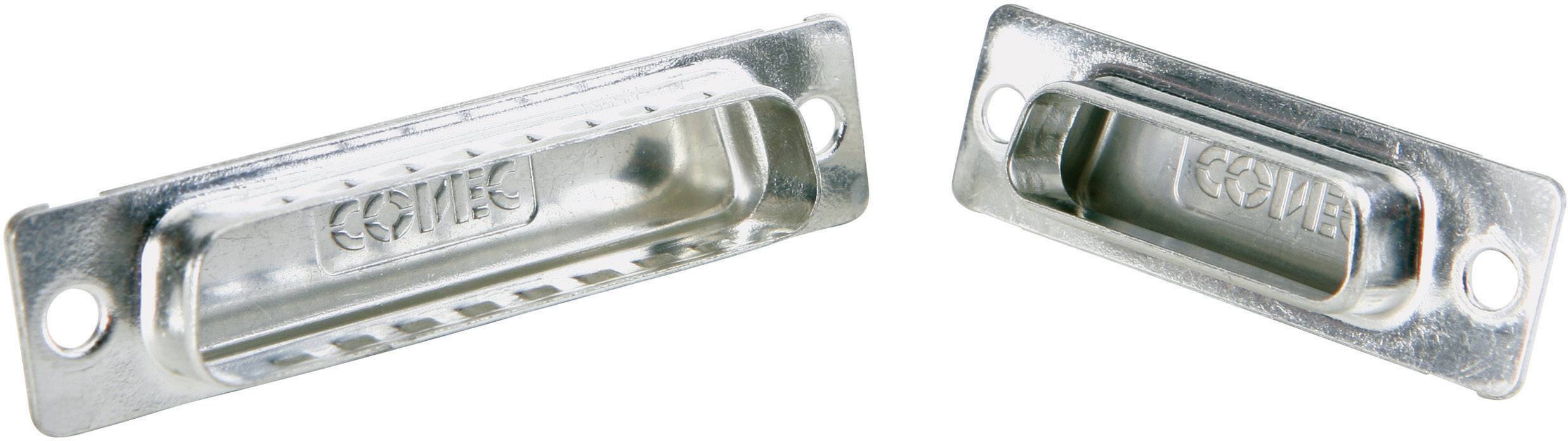 Deux fermetures rectangulaires en métal pour meubles, à gauche avec des fentes, à droite fermées. Les deux avec un trou de fixation.