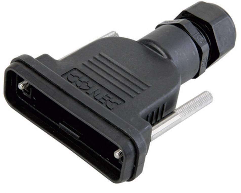Connecteur électrique noir avec boîtier rectangulaire et protection de câble en plastique, adapté aux applications industrielles.