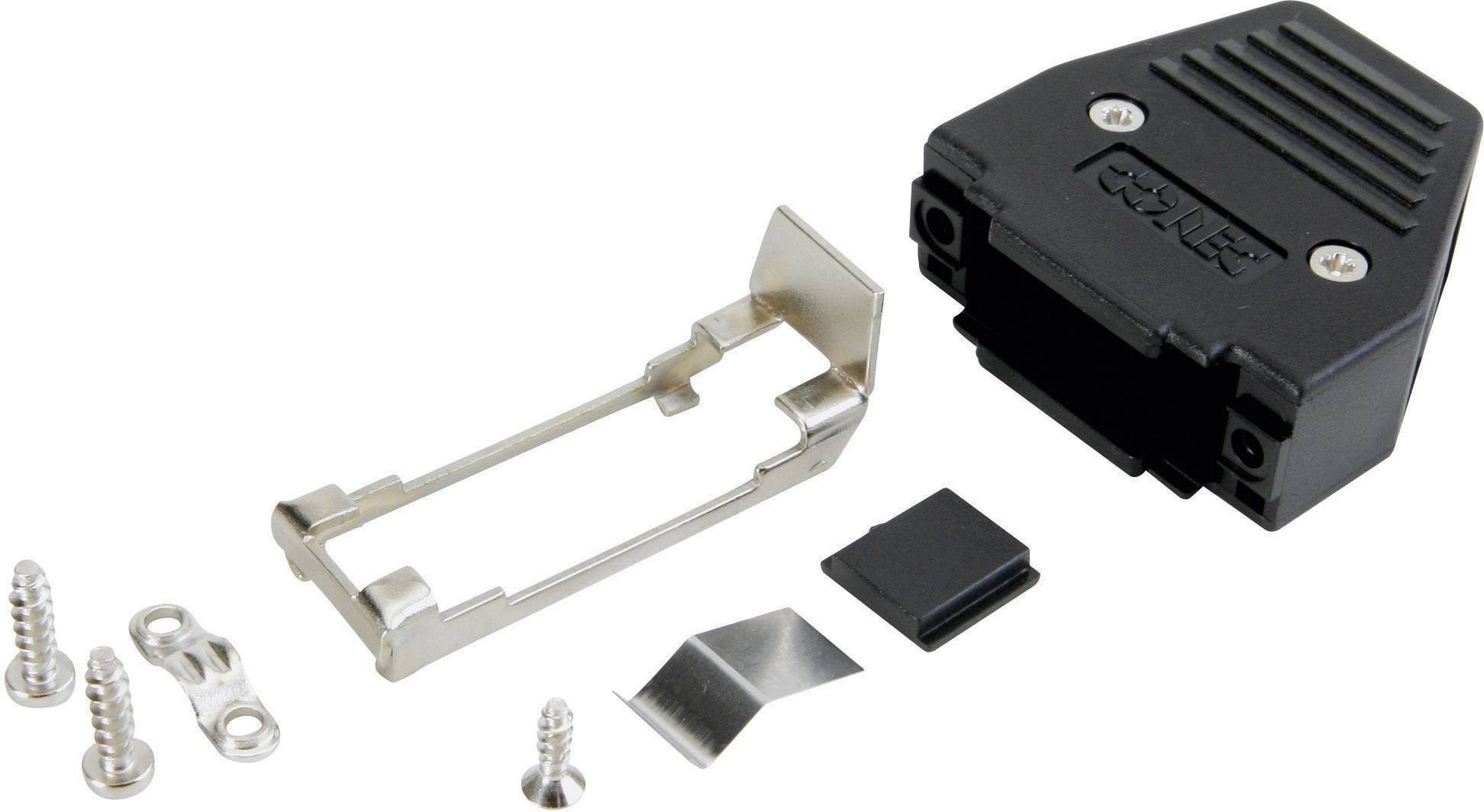 Kit de boîtier de connecteur comprenant un boîtier en plastique noir, un clip métallique, des vis et petites pièces en plastique et en métal pour le montage.