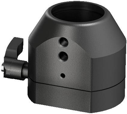 Un adaptateur noir cylindrique avec deux trous et un levier sur le côté, probablement destiné à des fins de montage.
