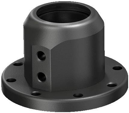 Une pièce mécanique ronde et noire avec plusieurs trous de fixation et un renflement cylindrique au centre.