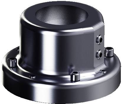 Une pièce métallique de forme cylindrique avec plusieurs vis, probablement une pièce de machine ou un anneau adaptateur, est présentée.