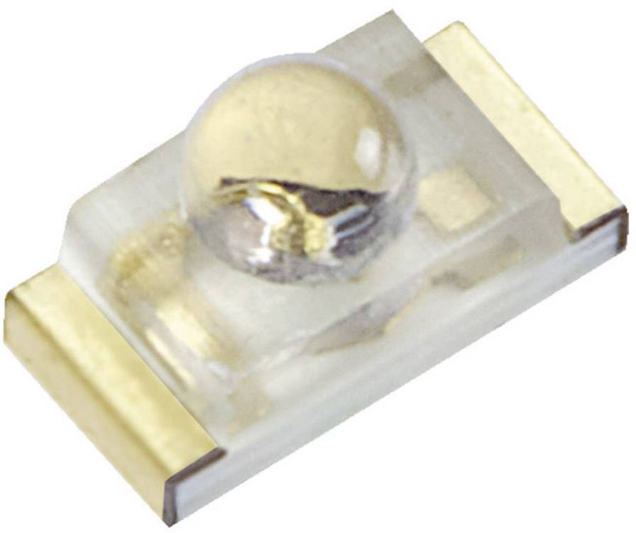 Eine SMD-LED mit transparentem Gehäuse und einer kleinen, kuppelförmigen Linse auf einer Metallbasis, geeignet für Elektronikplatinen.