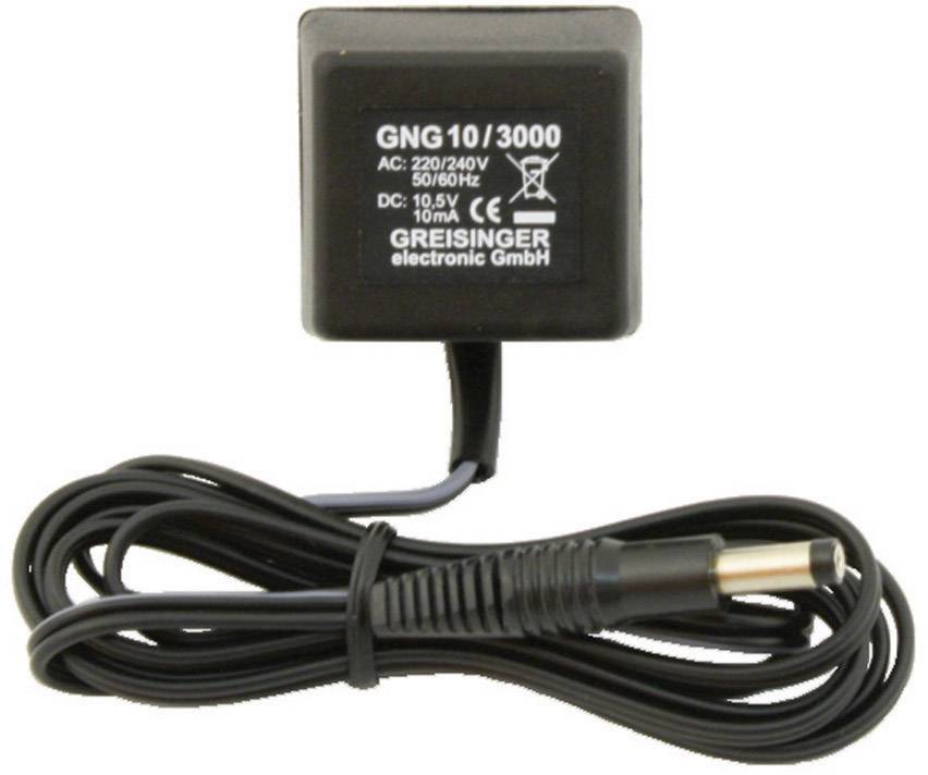 Un bloc d'alimentation noir portant l'inscription 'GNG 10/3000' avec les spécifications : 220/240V, 50/60Hz, 10.5V, 10mA. Fabricant : Greisinger.