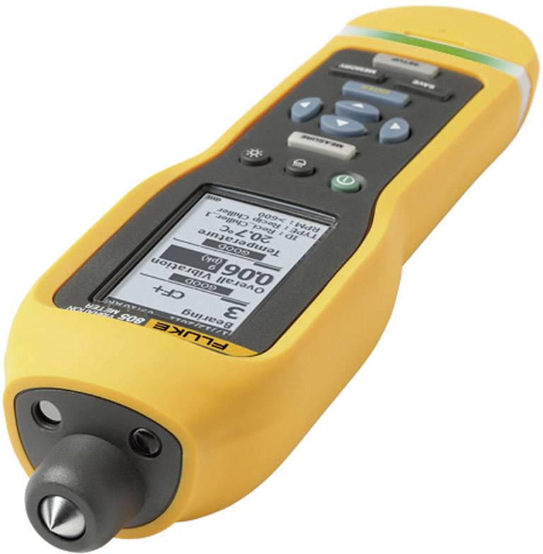 Un thermomètre infrarouge portable jaune avec écran et plusieurs boutons de commande. Il mesure les températures sans contact.