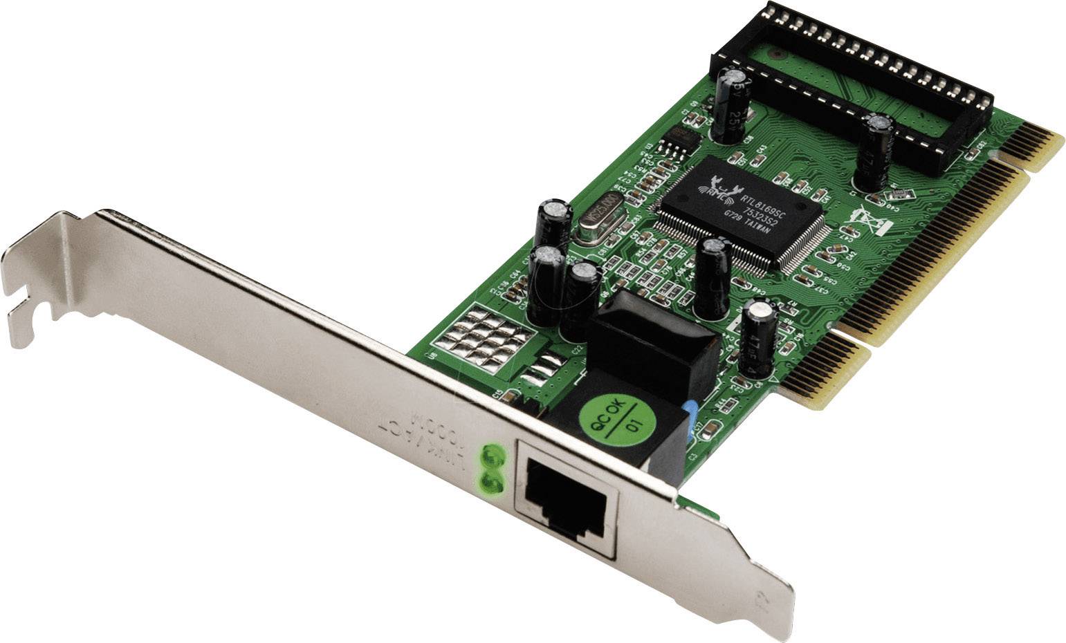Carte réseau en vert et argent, montrant des composants électroniques et un port Ethernet à droite. Utilisée pour les connexions informatiques.