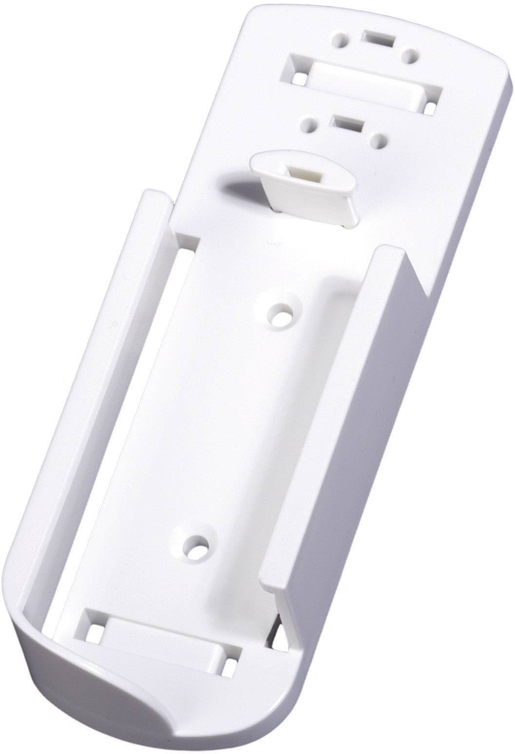 Un support en plastique blanc pour télécommande, pourvu de trous de fixation et d'un petit crochet central pour la maintenir en place.