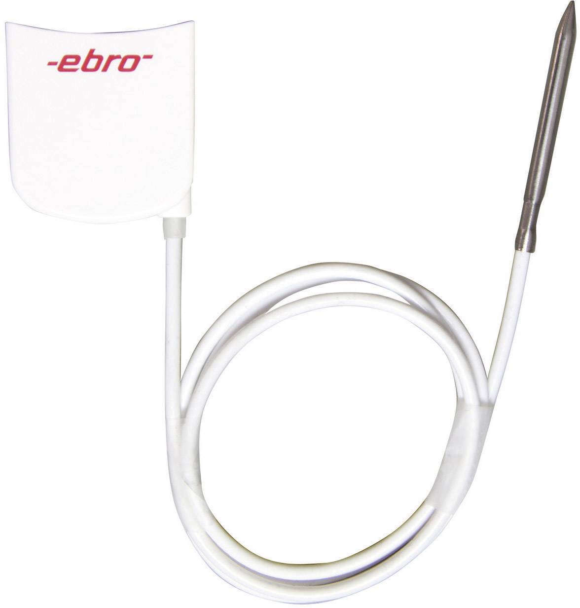 Un capteur de température numérique blanc avec un câble fin et une sonde métallique, portant la marque 'ebro' en écriture rouge.