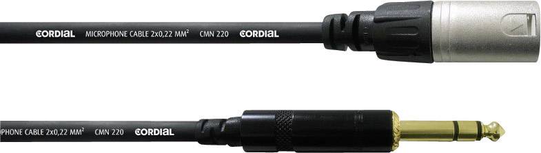 Un câble de microphone : en haut, un connecteur XLR argenté, en bas, une fiche jack noire. Les deux portent l'inscription « CORDIAL ».