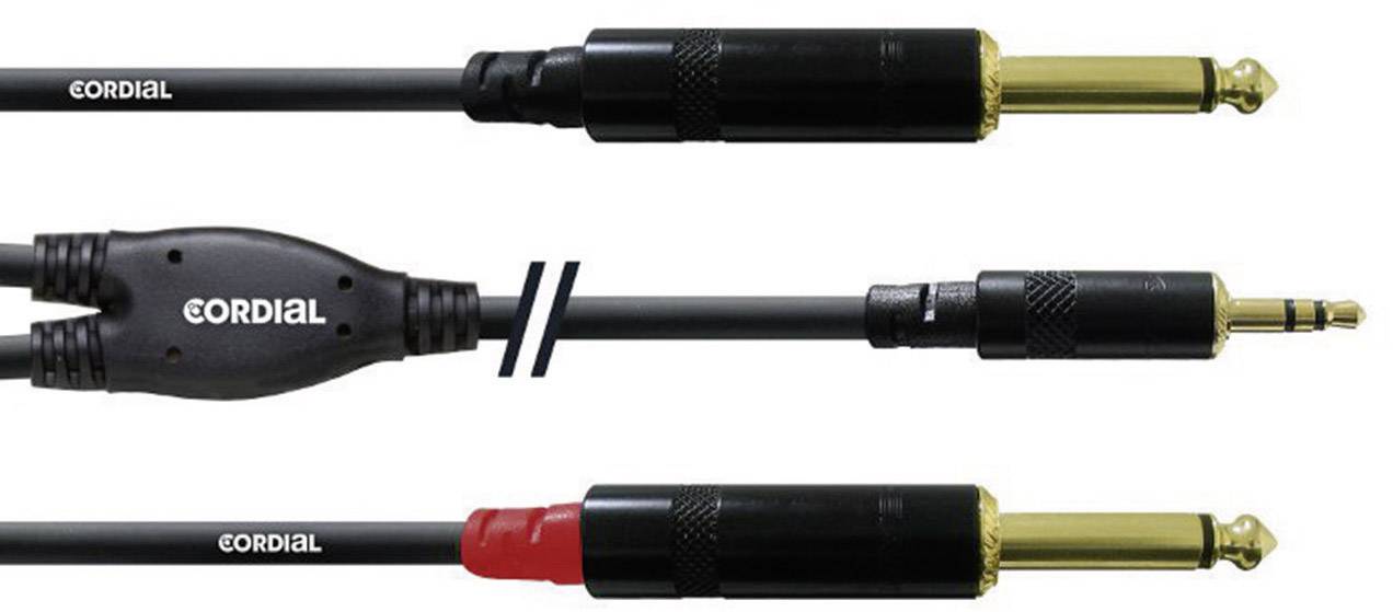 Trois câbles audio différents avec des connecteurs différents de Cordial, dont des fiches jack et mini-jack.
