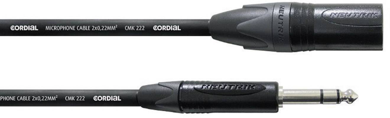 L'image montre un câble micro noir de Cordial avec un connecteur jack de Neutrik. Le type de câble est CMK 222.
