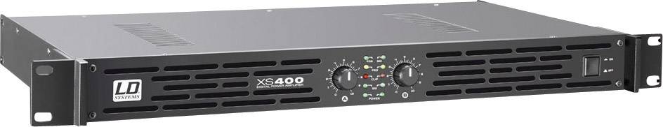 Un amplificateur LD Systems XS 400 noir avec plusieurs boutons et voyants sur la façade, adapté à l'amplification audio dans des racks.
