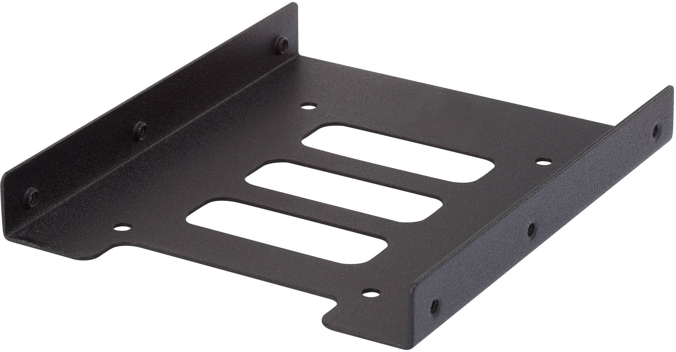 Cadre de montage en métal noir pour disque dur de 2,5 pouces dans un emplacement de 3,5 pouces, avec trous de fixation et fentes de ventilation.