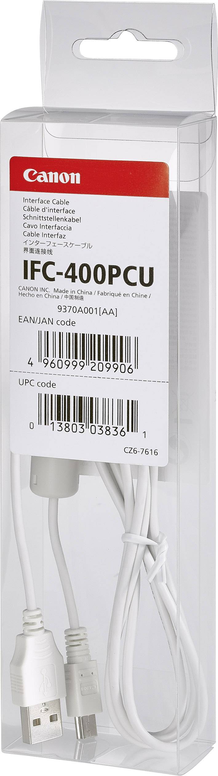 Emballage d'un câble d'interface Canon IFC-400PCU avec connexion USB. L'emballage présente des informations sur le produit et des codes-barres.