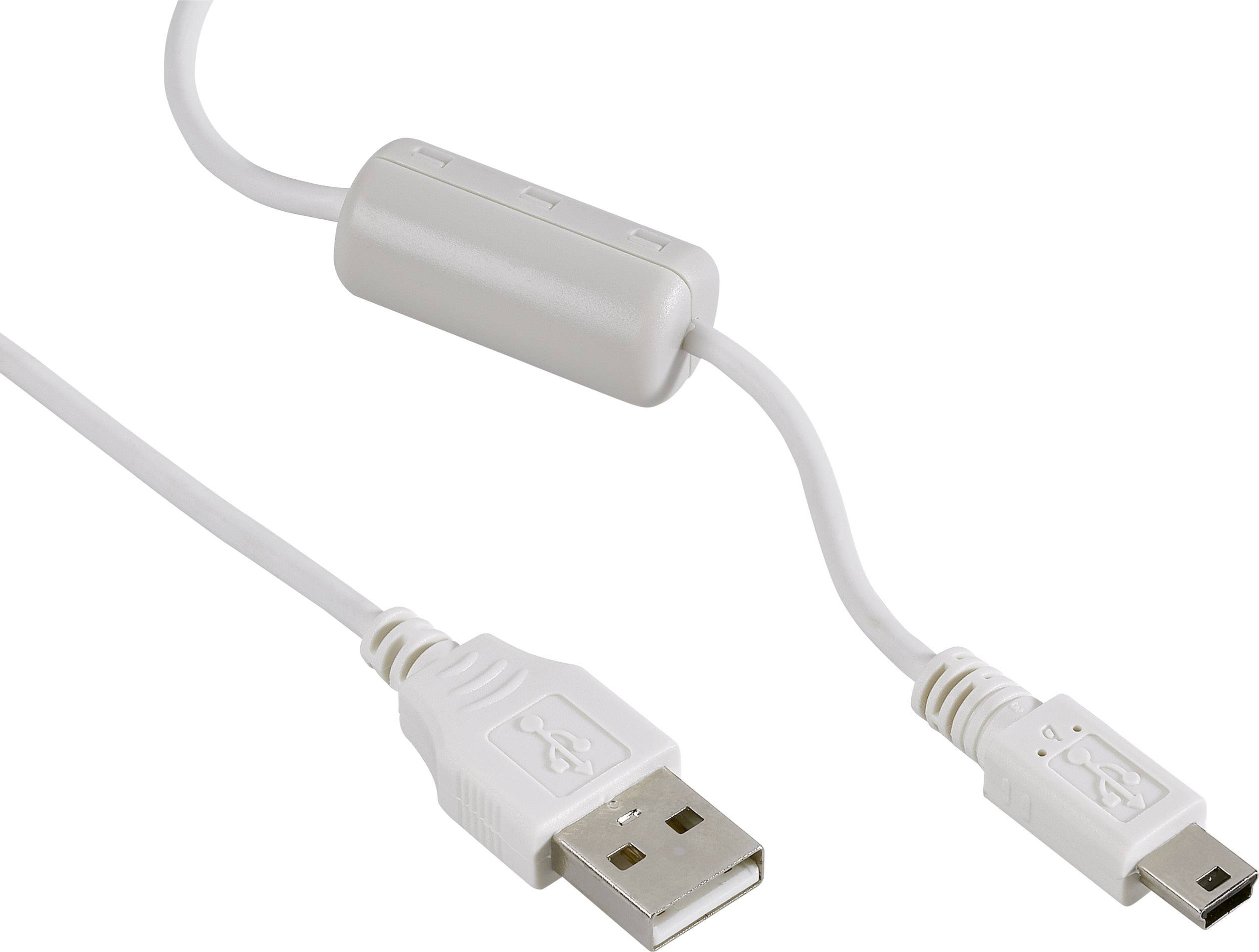 Câble USB blanc avec connecteur USB standard d'un côté et connecteur Mini-USB de l'autre, adapté au transfert de données.