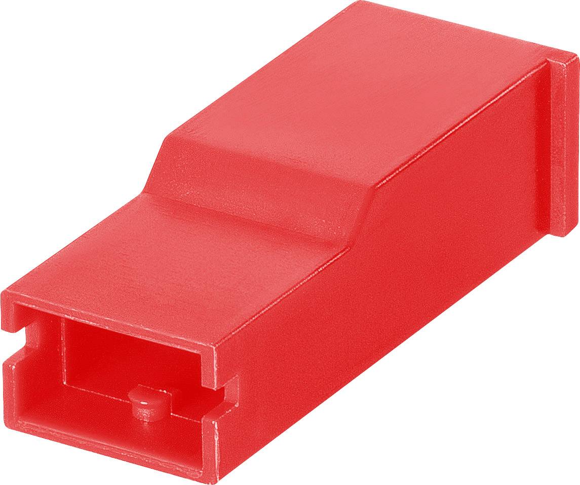 Un adaptateur rectangulaire rouge en plastique avec une extrémité ouverte, servant de connecteur.