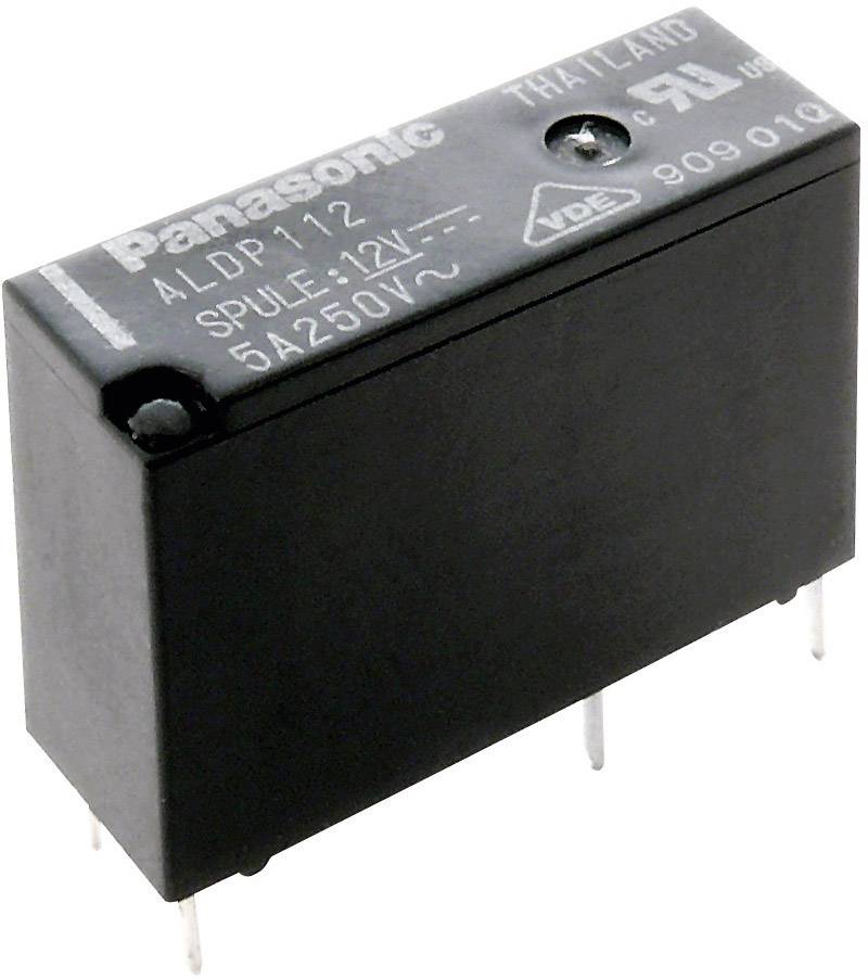 Relais électrique noir portant l'inscription 'Panasonic ALDP 112'. Spécifications : tension de bobine 12V, capacité de charge 5A 250V.