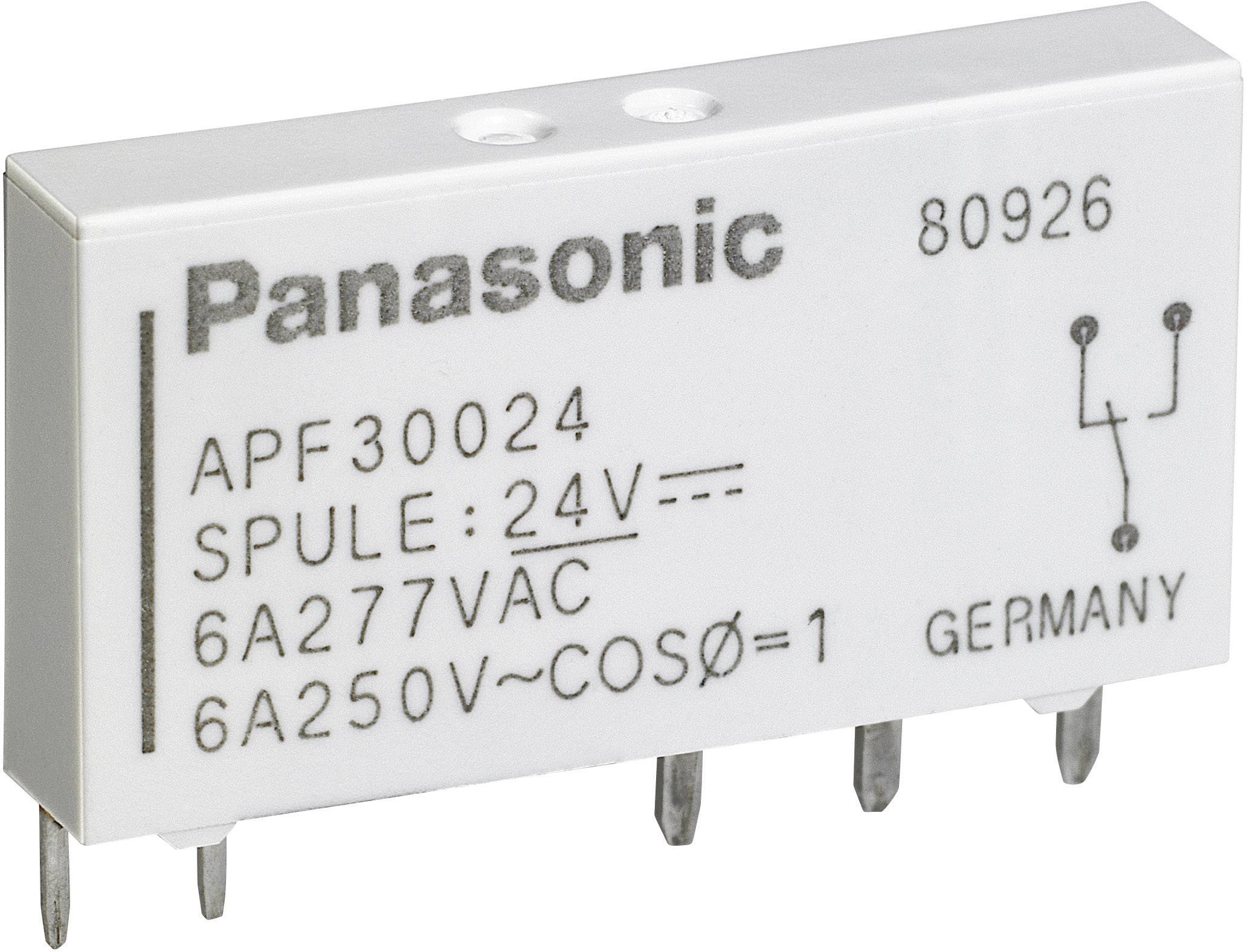 Un relais électrique blanc portant l'inscription 'Panasonic', caractéristiques techniques : bobine 24V, 6A 277VAC, 6A 250V~ COSØ=1, fabriqué en Allemagne.