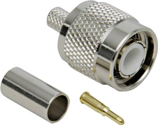 Un connecteur coaxial métallique, décomposé en ses composants principaux : boîtier, fiche et douille, sur fond blanc.