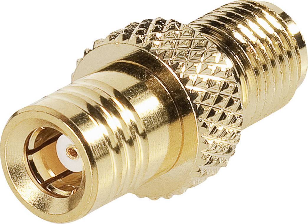 Adaptateur coaxial doré avec poignée striée et connexion filetée. Convient pour connecter des câbles dans des appareils électroniques.