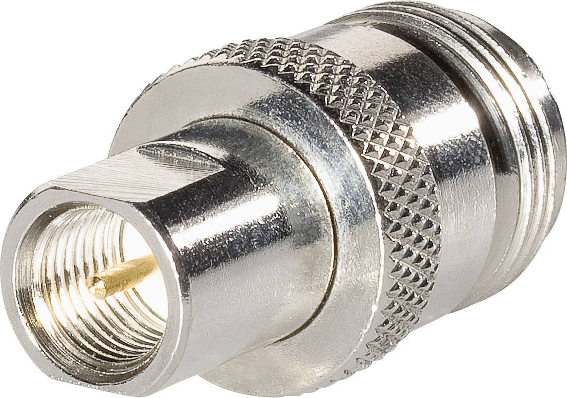 Adaptateur métallique fileté, avec un connecteur coaxial à une extrémité et un embout femelle à l'autre. Utilisé pour la connexion de câbles.