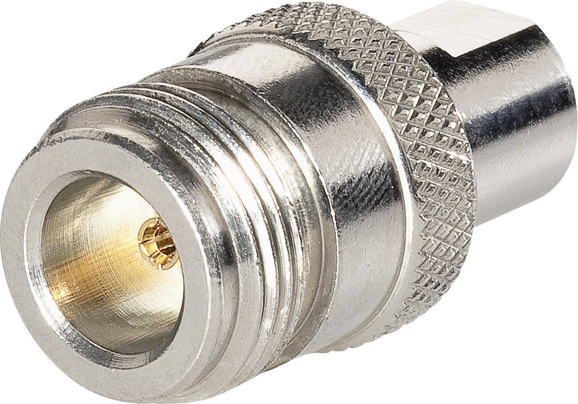 Un adaptateur coaxial RF métallique avec une extrémité mâle et une extrémité femelle, souvent utilisé pour les connexions d'antenne ou de câble.