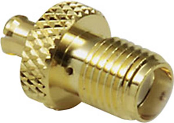 Un adaptateur doré avec une poignée striée et une extrémité de connexion arrondie, probablement destiné à un raccordement de câble coaxial.